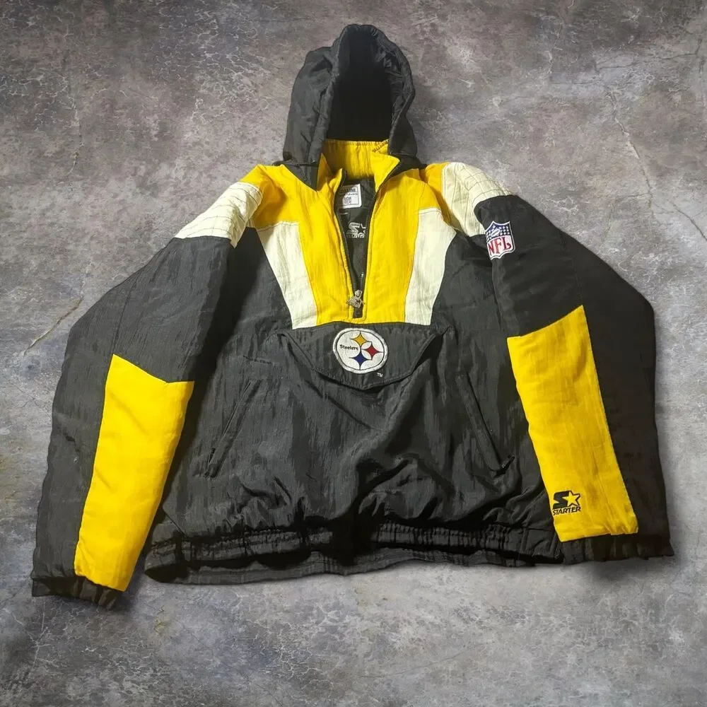 Starter NFL Pro Line Pittsburgh Steelers 1/2 Zip Hooded Jacket Men XL Quilted